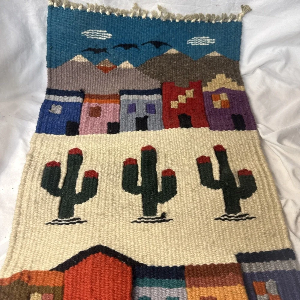 Vintage 1980s Southwestern Pueblo Hanging Wall Rug Tapestry Rustic Cabin Boho